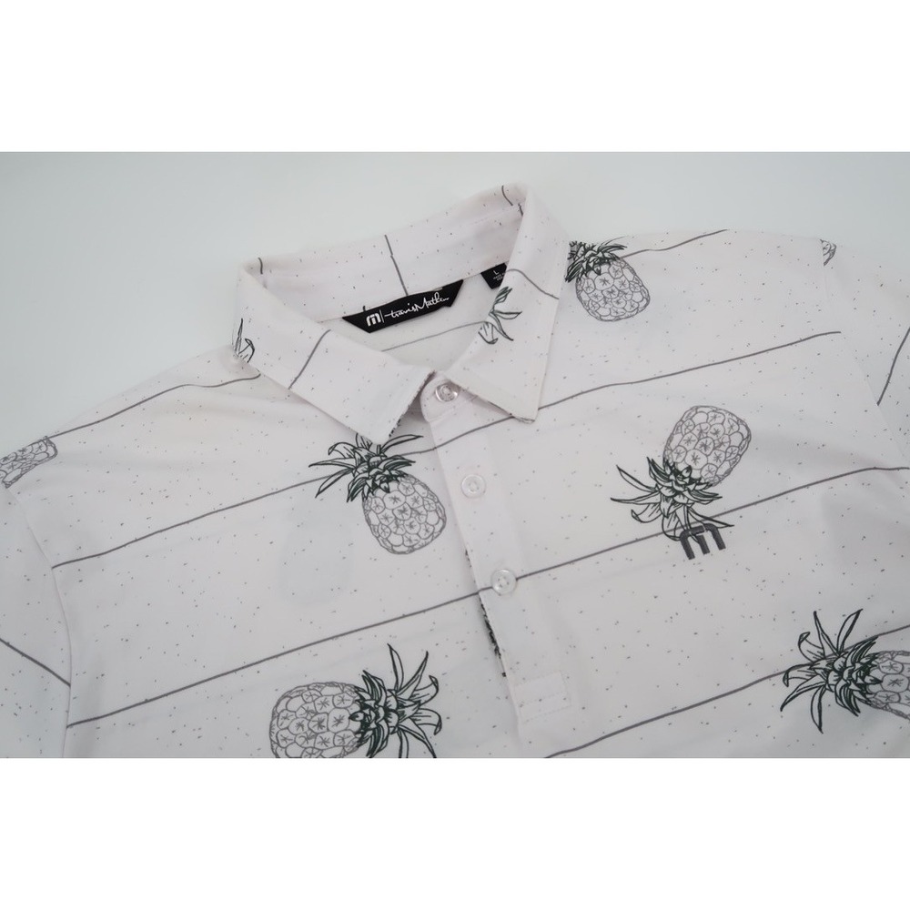 Travis Mathew Shirt Mens Large White Golf Polo Hawaiian‎ Pineapple Print Stretch